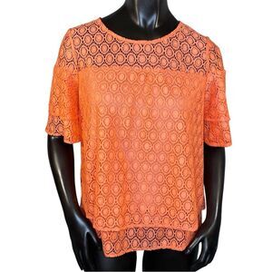 NY Collection Lacy Coral Blouse Short Sleeve Womens Size MP Flowy Lined Lace